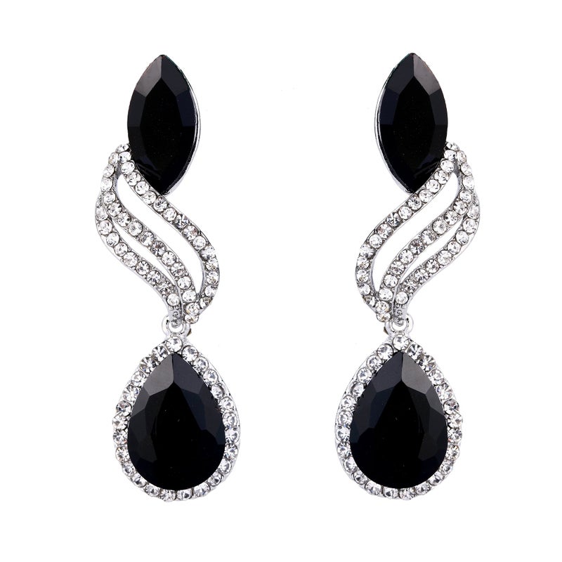 BriLove Statement Long Dangle Earrings for Women Fashion Crystal Hollow Leaf Teardrop Large Jewelry Black Silver-Tone - Image 1